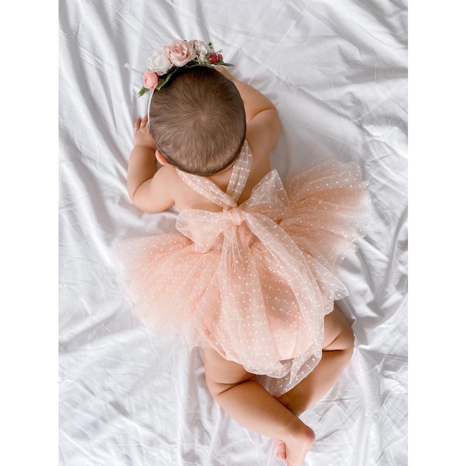Bộ Áo Liền Quần Công Chúa Bằng Vải Gạc Màu Trắng Hồng Họa Tiết Chấm Bi Dễ Thương Dành Cho Bé Gái 0-2 Tuổi