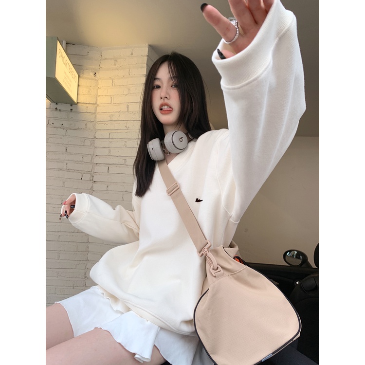 Liasynn Áo Sweater Cổ Chữ v Dáng Rộng Đơn Giản Phong Cách Mỹ