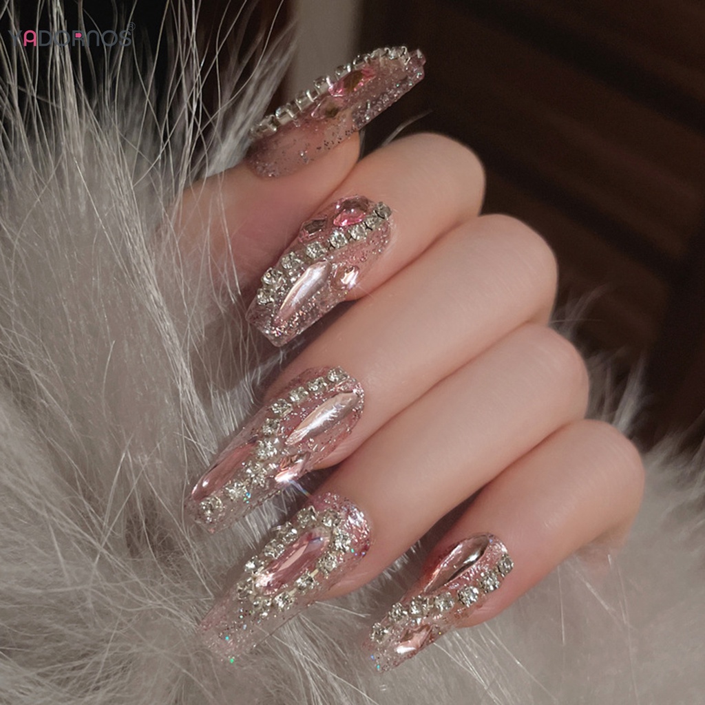 YADORNOS Móng tay giả kiểu pháp màu hồng rhinestone với móng tay không có cạnh và mịn