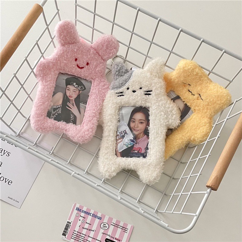 Dễ thương 3 inch cat plush photocard holder kpop idol photo holder photocard display id credit protector with keychain văn phòng phẩm