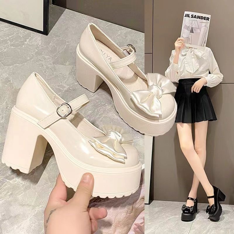 Giày cao tầng mới giày đơn nơ giày da nhỏ mary jane giày nữ