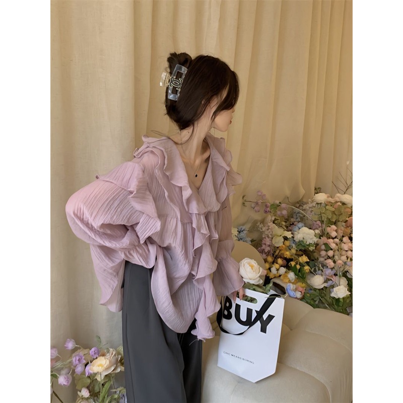Áo Sơ Mi chiffon Tay Dài Phối Bèo Màu Tím Ngọt Ngào Xinh Xắn Size s-3xl Cho Nữ