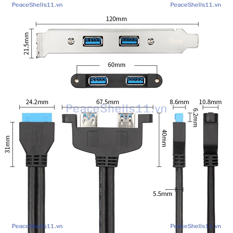 Peaceshells 20pin to double usb3.0 cable vách ngăn usb 3.0 khung sau cáp vách ngăn máy tính cáp mở rộng usb tự làm phụ kiện pc.