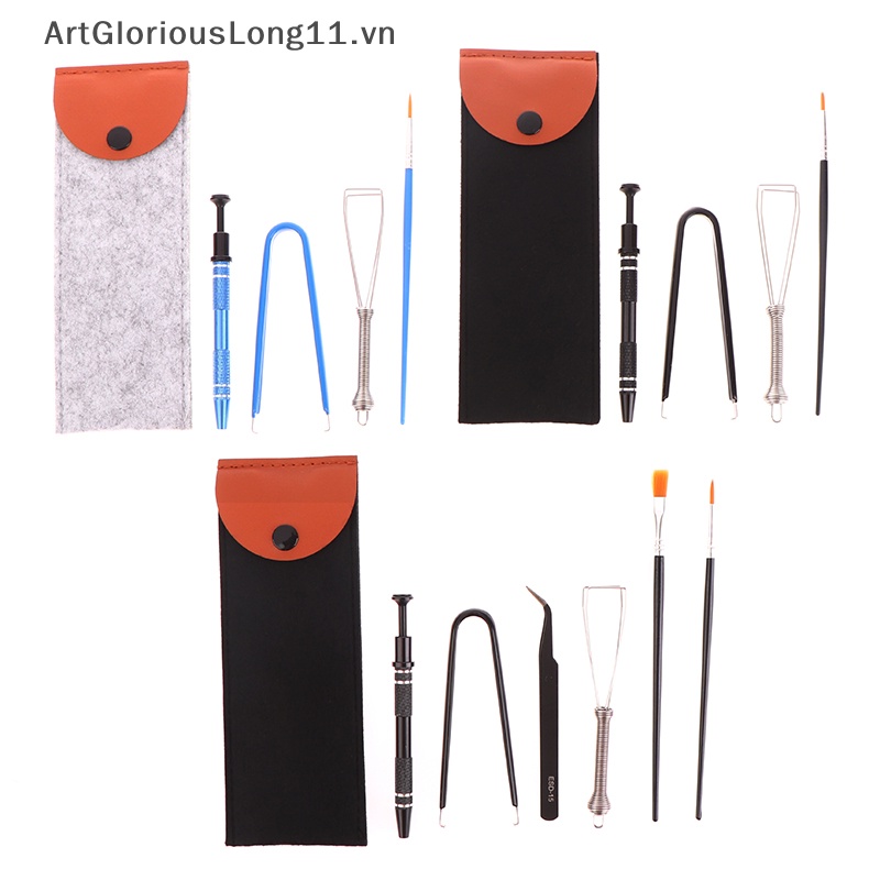 Artgloriouslong 1set bộ công cụ làm sạch bàn phím kim loại keycap puller stem holder switch puller bôi trơn bút bôi trơn lube brush w / túi lưu trữ.