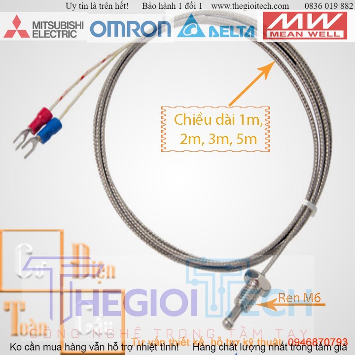 Cảm biến nhiệt độ WRNT-01, WRNT-02 ( can nhiệt K, can K ) độ dài dây 1000mm, 2000mm, 3000m và 5000mm - Can K, ren M6 - Dây dài 1m
