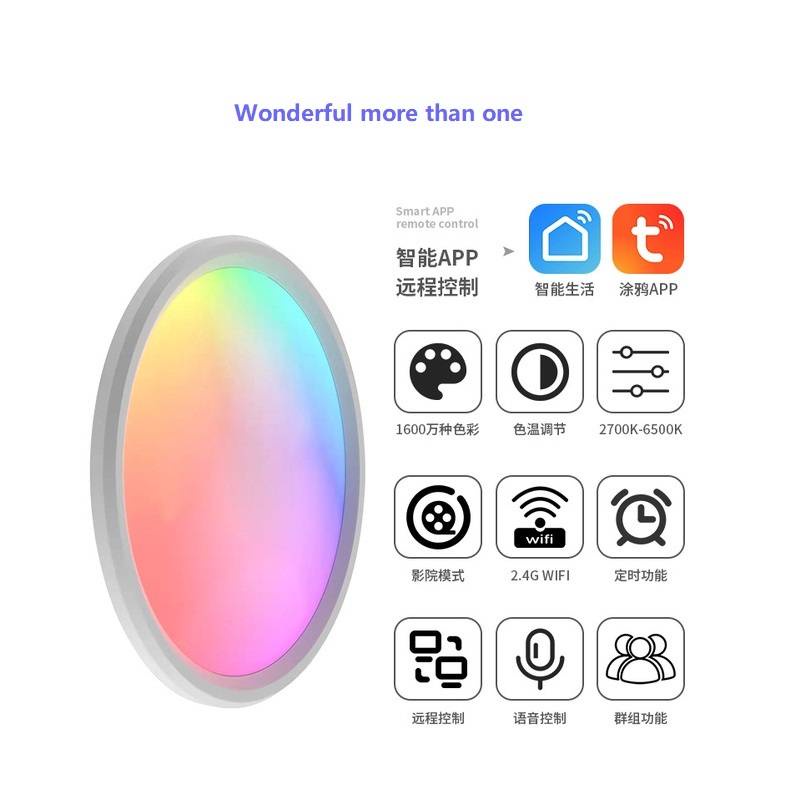 Aubess Đèn trần thông minh Aubess 24w Tuya Phòng khách Wifi Bluetooth 2.4g Điều khiển từ xa Rgbcw Làm mờ tông màu Giọng nói Lampu Led