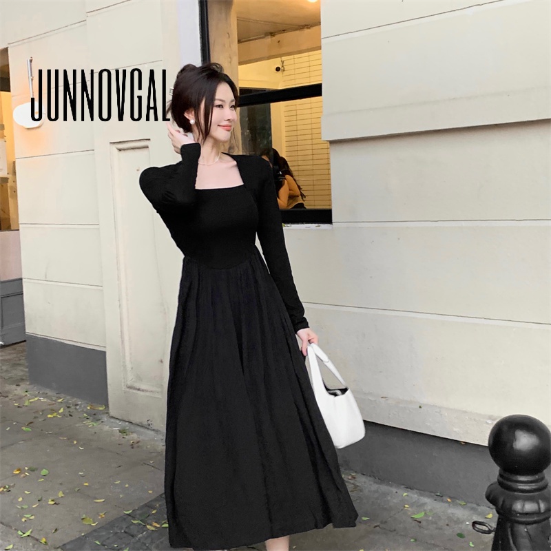 Đầm nữ JUNNOVGAL tay dài eo thon co giãn thời trang mới cao cấp 2023