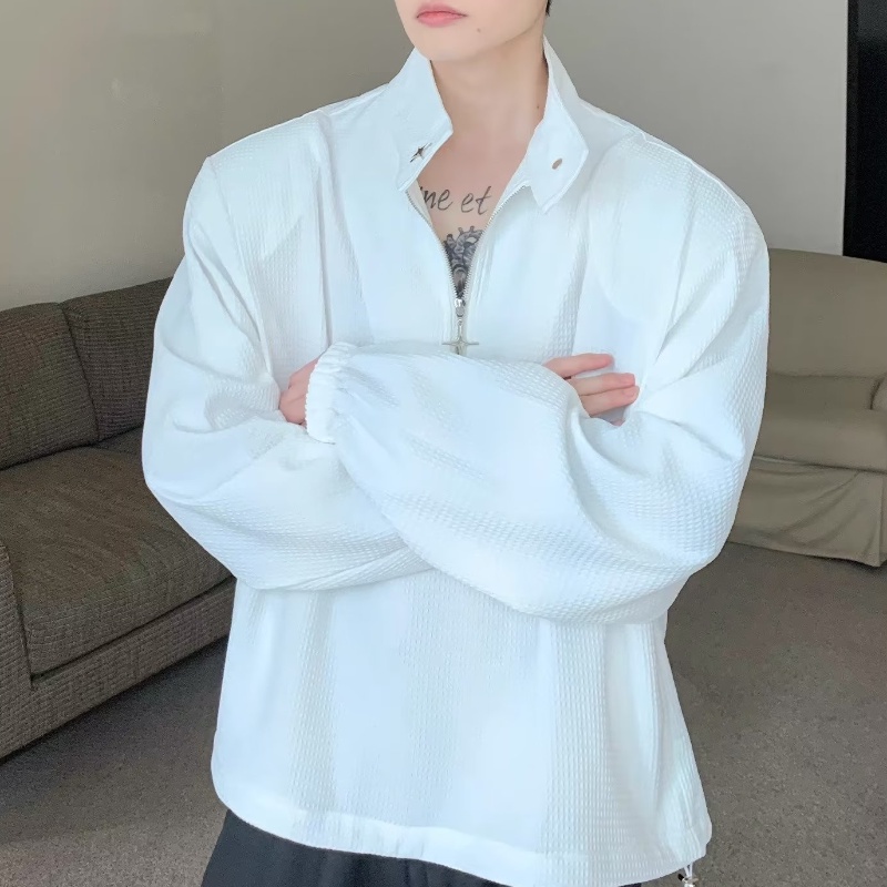 Thời trang dây kéo waffle polo áo sơ mi nam phong cách hàn quốc stand-up cổ áo nam t-shirt thiết kế cảm giác xu hướng lỏng lẻo hàng đầu thường dài tay áo sơ mi nam
