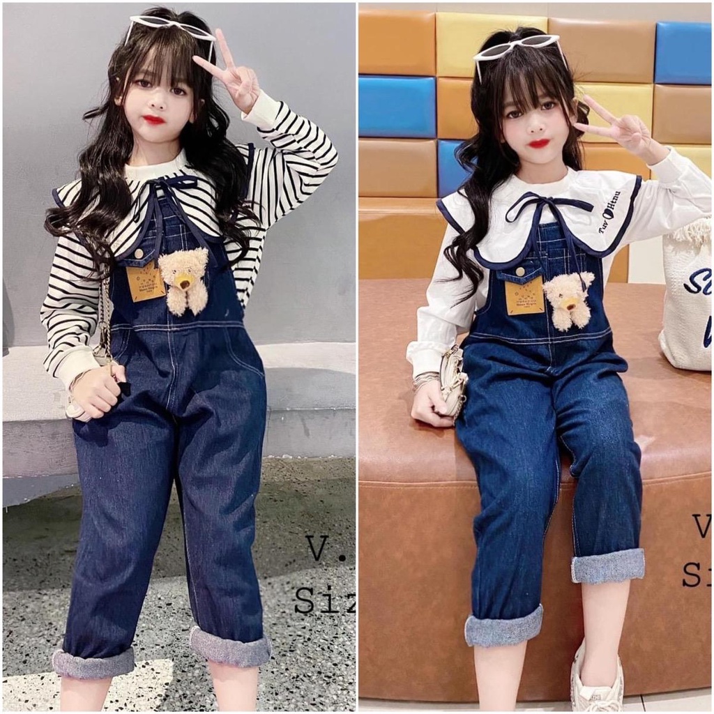 Set yếm bò phối áo dài tay cổ sen kèm gấu xinh