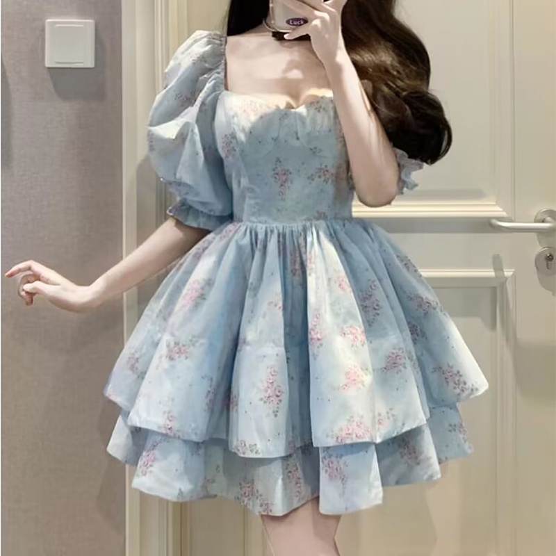 Ruo Bei  Xuan    Đầm Tay Phồng Màu Xanh Dương Nhẹ Nhàng Kiểu Pháp Thời Trang Mùa Hè Cho Nữ