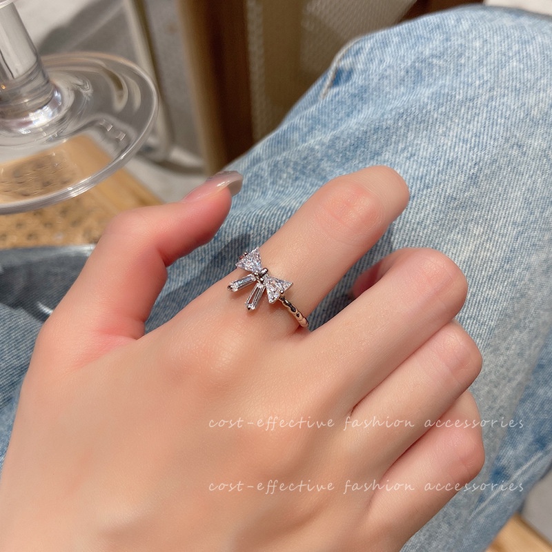 Nơ thanh lịch nhẫn bạc zircon mở nhẫn có thể điều chỉnh cho phụ kiện trang sức nữ