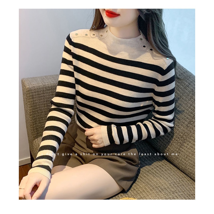 Áo len sọc của phụ nữ thời trang mùa xuân và mùa thu nửa cao cổ màu phù hợp với tay áo dài mặc bên trong áo len