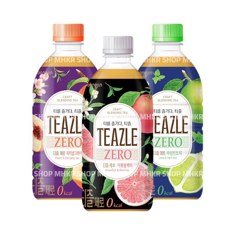 Woongjin TEAZLE Zero Calorie Lime Mint, Peach Earl Gray, Grapefruit Black Tea 500ml / Sugar Free / 0 Kcal