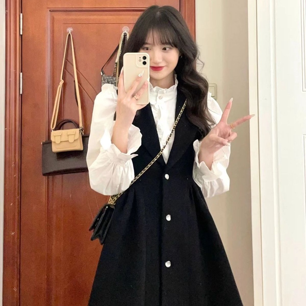 Set academy sweet strappy dress nữ sinh hàn quốc váy rời + áo sơ mi set