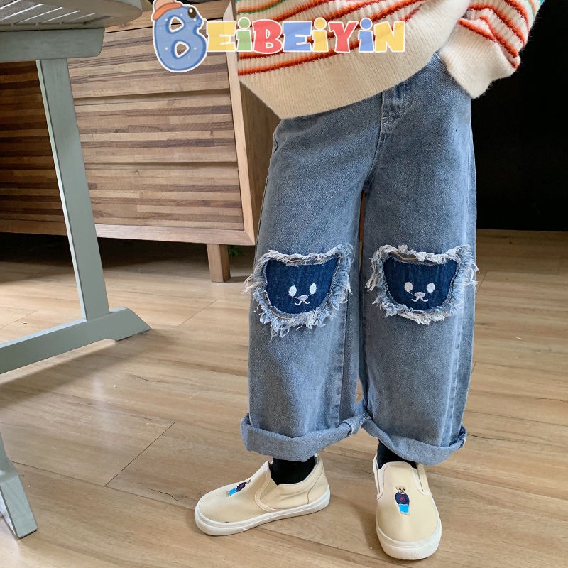 Quần jeans dài BEIBEIYIN vải denim ống rộng họa tiết hoạt hình dễ thương phong cách Hàn Quốc thời trang dành cho bé gái