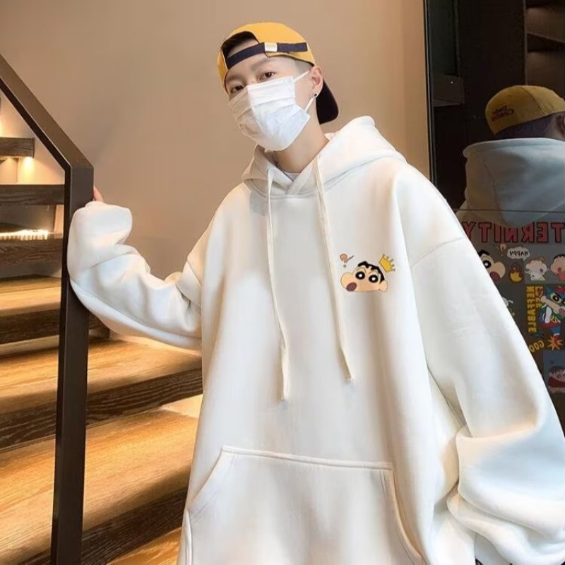 Áo hoodie dáng rộng lót cotton 100% hai lớp có mũ trùm thời trang cho unisex Cartoon Crayon Xiaoxin Velvet Áo len