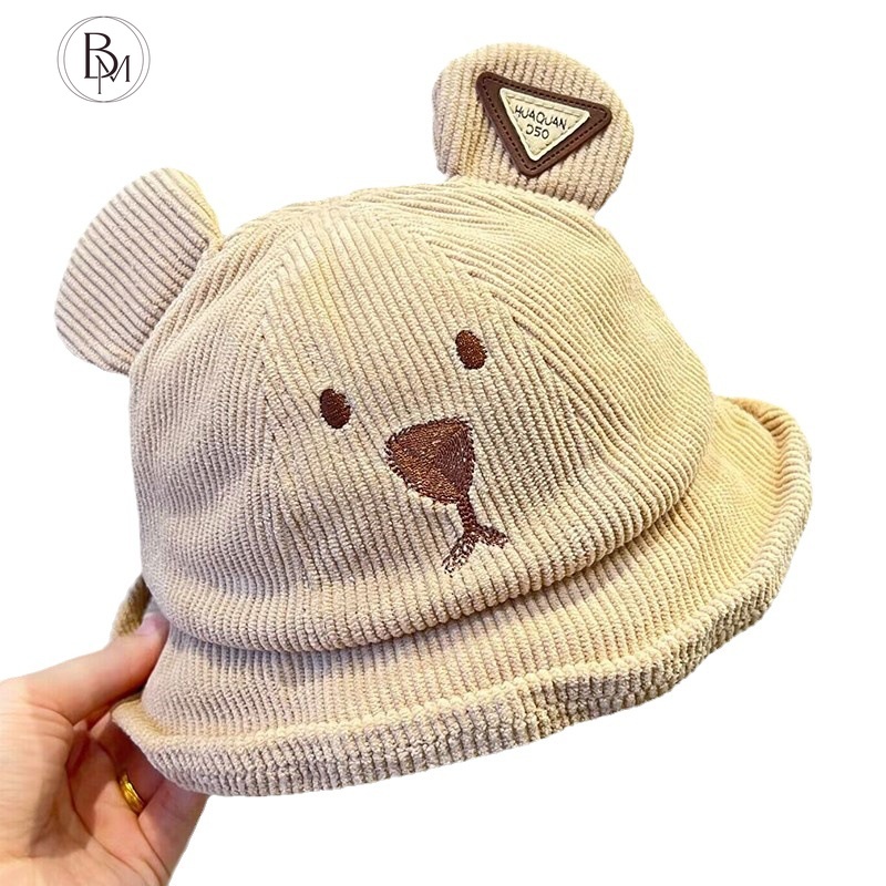 Mũ vải nhung mùa thu siêu dễ thương mũ hoạt hình gấu trẻ em mũ lưu vực bé trai và bé gái mũ ngư dân