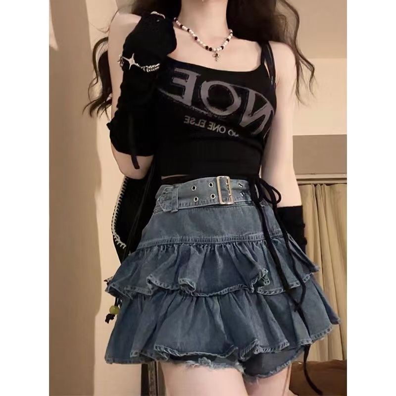 Váy xếp ly denim cho phụ nữ 2023 summer new double-layer lotus leaf border light high waist cake skirt
