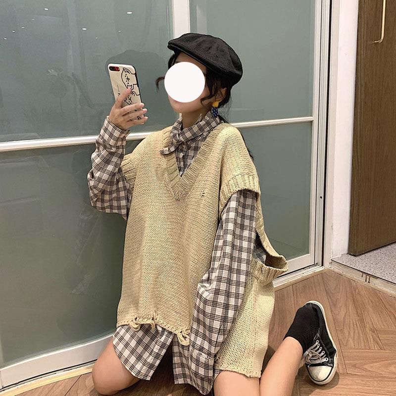 Set Áo Len Không Tay + Áo Sơ Mi Dài Tay Phong Cách Hàn Quốc Dành Cho Nữ