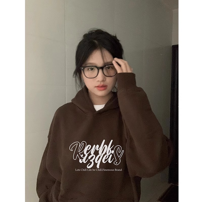 Cotton in mùa thu có mũ trùm đầu áo dài tay t-shirt của phụ nữ phong cách hàn quốc thời trang lỏng lẻo mùa đông chữ cái áo len cổ điển màu rắn