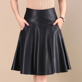 Spring autumn matte leather high waist skirt, black all-match mid-length skirt hip-packed pleated skirt