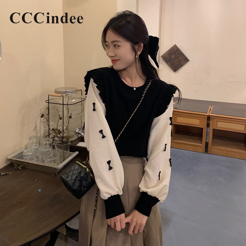 Cccindee women's 2023 thời trang mới bowknot màu tương phản lỏng vừa vặn sai hai mảnh áo len dài tay