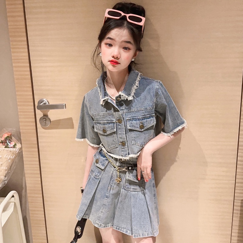 Set Áo Sơ Mi Ngắn Tay + Chân Váy Denim Thời Trang Mùa Hè Cho Bé Gái