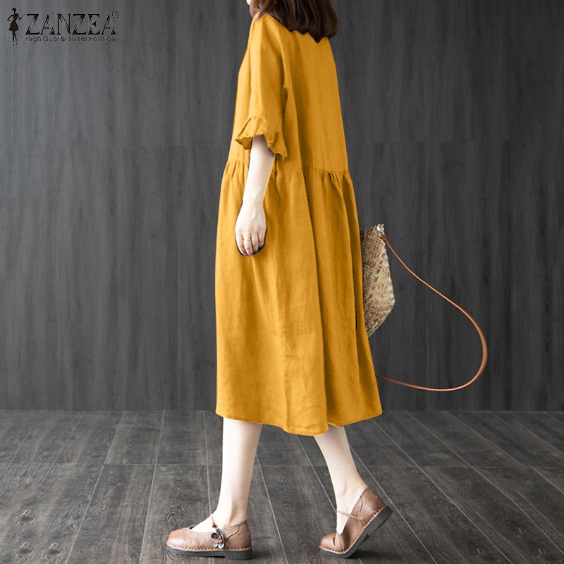 Đầm nữ ZANZEA tay lửng cổ tròn phối bèo thời trang