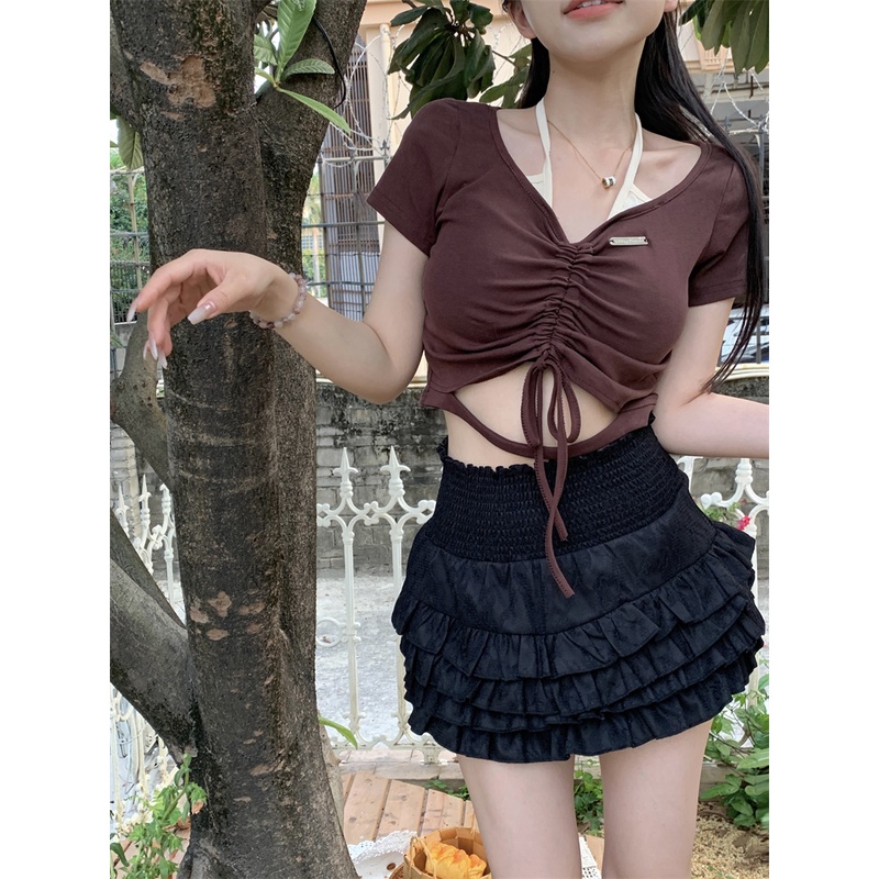 Áo Thun Ngắn Mỏng Màu Trơn Dây Rút Cổ Điển Mùa Hè Mới Cho Nữ