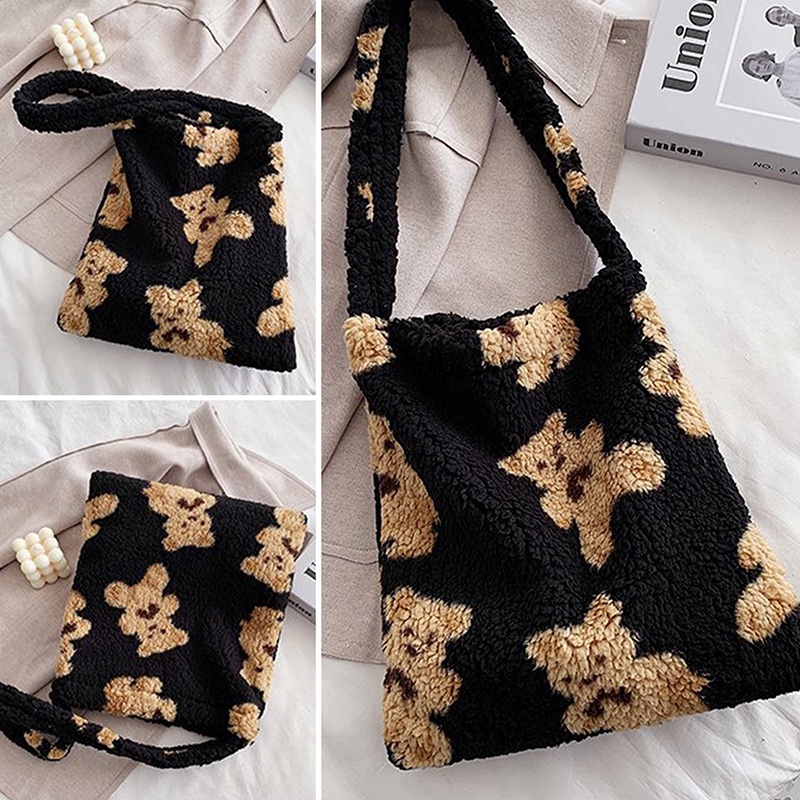 Fancy Túi Tote Xách Tay Bằng Vải Bố Mềm Mại Sức Chứa Lớn Phối Lông Cừu Như Gấu Dành Cho Bạn Nữ