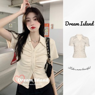『Dream Island』Áo Thun Ngắn Tay Ôm Eo Xếp Ly Thời Trang Dành Cho Nữ