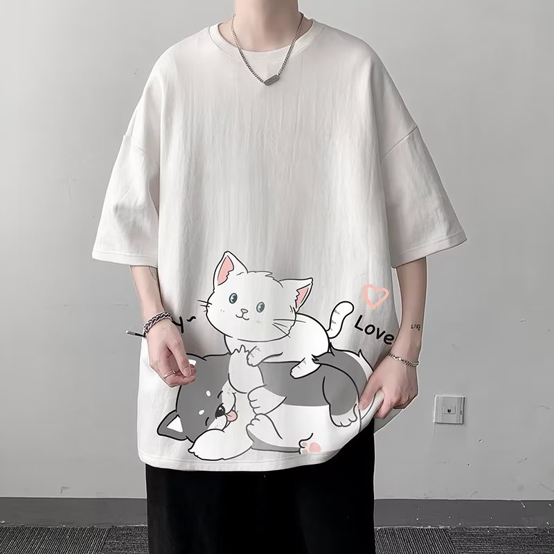 M-8XL áo phông nam tay lỡ,Áo Thun Tay Ngắn Dáng Rộng Phim hoạt hình hai con mèo béo in Phong Cách Hồng Kông Thời Trang Cho Nam