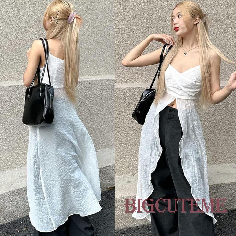 [] - Áo Hai Dây Cổ Chữ V Xẻ Tà Phối Màu Trắng Thời Trang Đi Tiệc Mùa Hè Cho Nữ