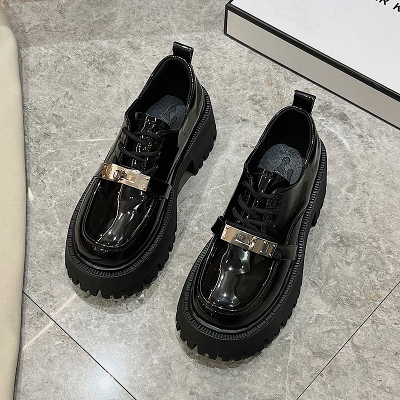 Ielgy Giày Da Đế Dày Cao Nhỏ Mũi Vuông Có Khóa Cài Cho Nữ