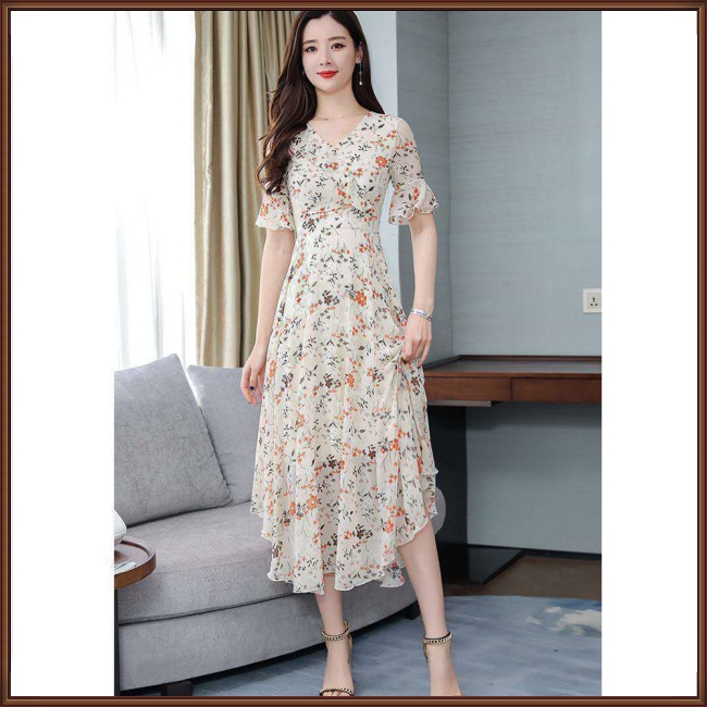 Đầm Dài Qua Gối Tay Ngắn Cổ Chữ V Lưng Cao Họa Tiết Hoa Thời Trang Cho Nữ