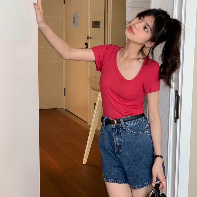 Áo Thun Tay Ngắn Thiết Kế Độc Đáo Màu Trơn Thời Trang Mùa Hè Mới Cho Nữ