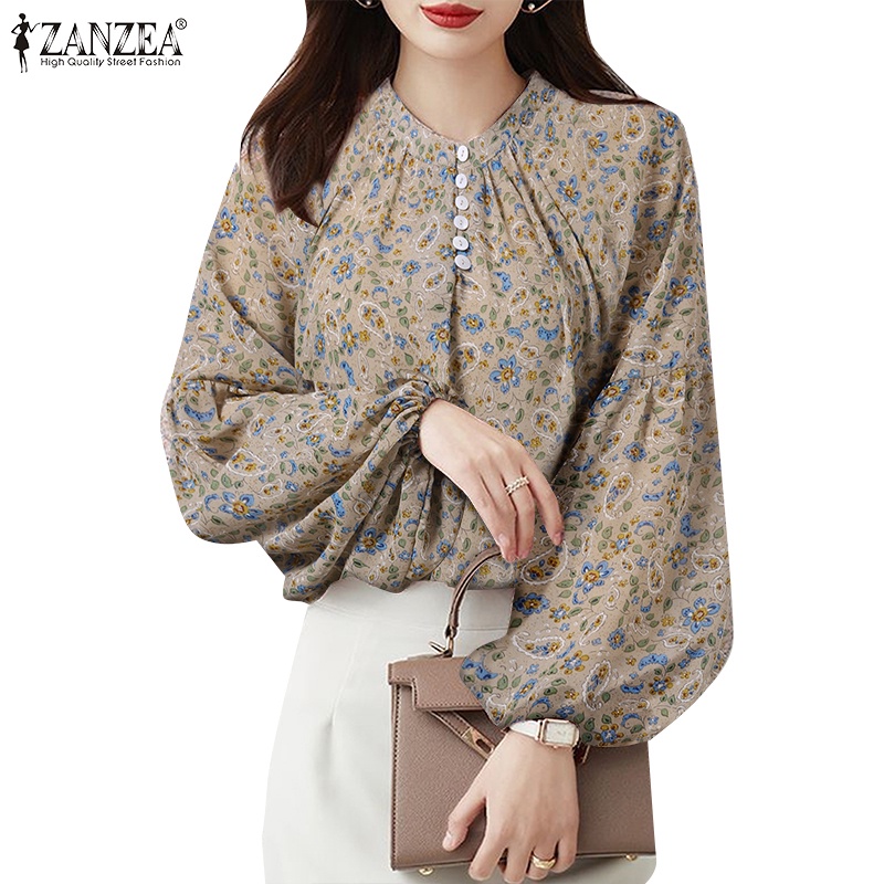 Áo sơ mi ZANZEA tay dài phồng in họa tiết hoa thanh lịch dành cho nữ