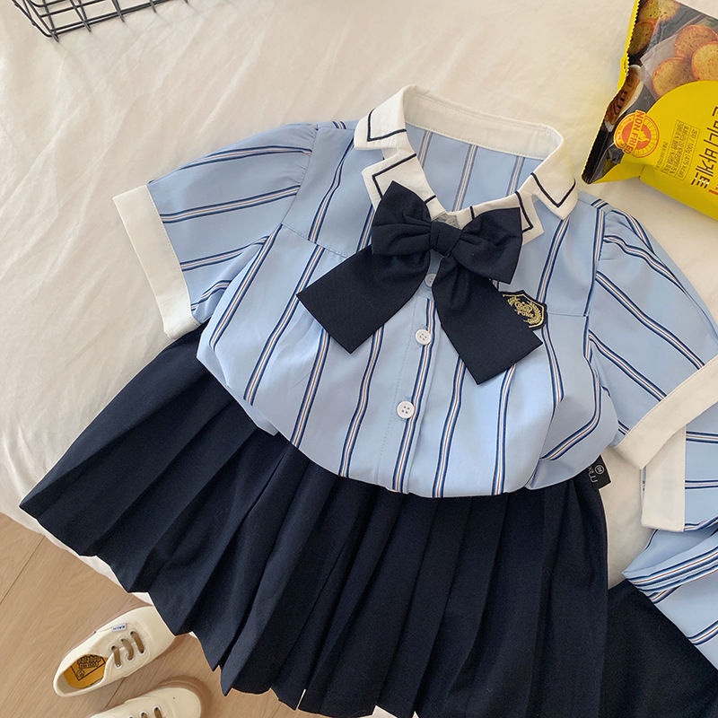 ✨Hàng Có Sẵn!✨ Bộ Đồng Phục Áo Sơ Mi + Chân Váy Ngắn Phong Cách Preppy Thời Trang Mùa Hè Xinh Xắn Cho Bé Trai Gái