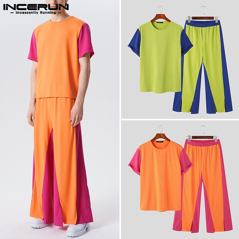 INCERUN Set Áo Tay Ngắn + Quần Ống Rộng Kiểu Dáng Đơn Giản Năng Động Thời Trang