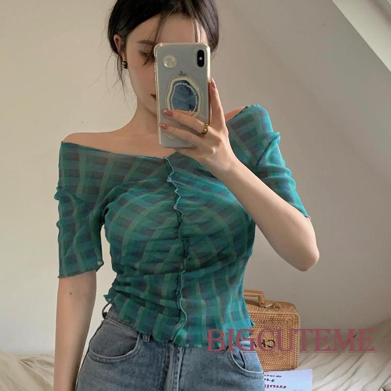 Áo Thun Lưới Tay Ngắn Cổ Chữ V Xuyên Thấu Họa Tiết Kẻ Sọc Thời Trang Mùa Hè Cho Nữ