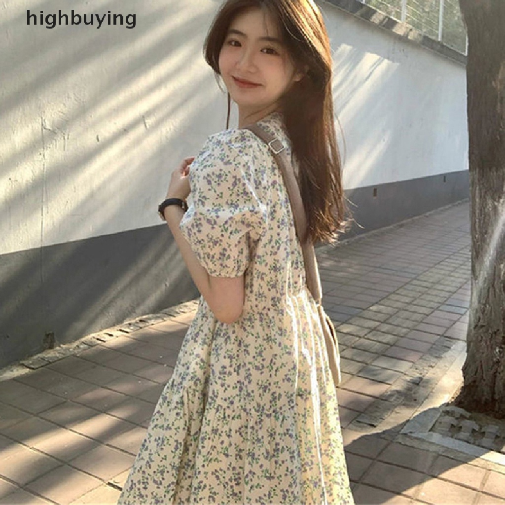 Đầm Midi Tay Ngắn Cổ Tròn In Họa Tiết Hoa Phong Cách Hàn Quốc Cho Nữ