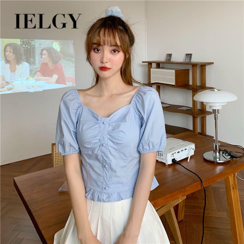 IELGY  Áo Kiểu Tay Phồng Cổ Vuông Phong Cách retro Thời Trang Cho Nữ