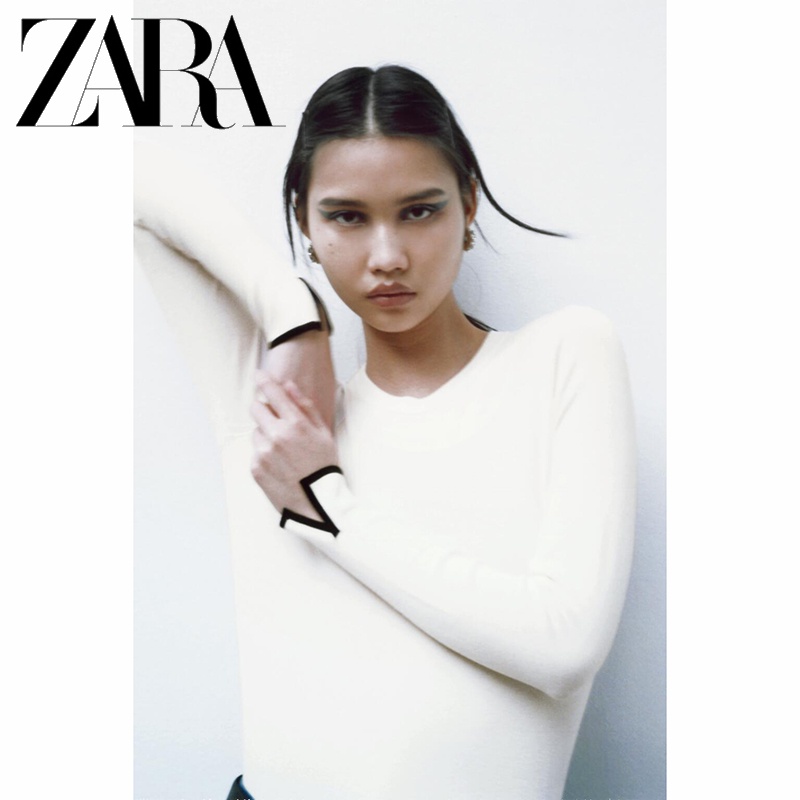 Zara Áo sweater Tay Dài Cổ Tròn Xẻ Tà Thời Trang Mùa Xuân Cho Nữ