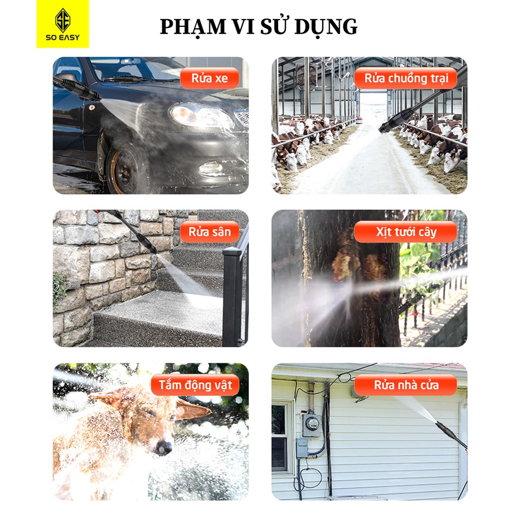 Máy rửa xe lõi toàn đồng áp lực cao gia đình cao áp, chỉnh áp, SOEASY 3000W SE005R dây cao áp dài 15m