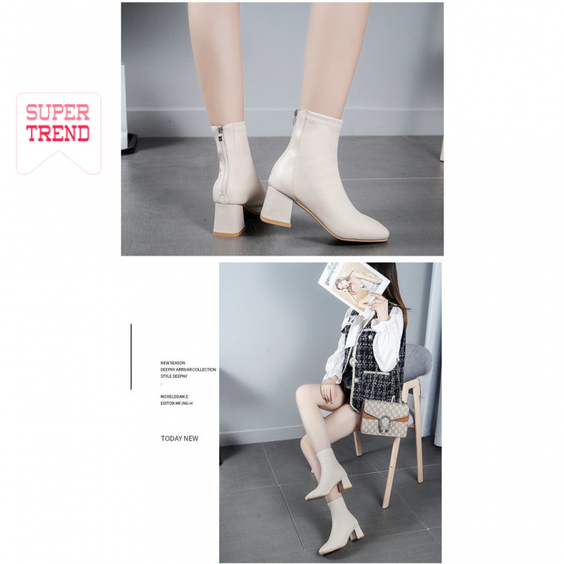 Giày Bốt Da Pu Gót Vừa Phối Khóa Kéo Phía Sau Cá Tính