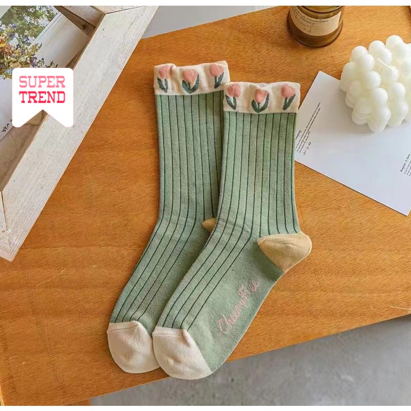 Vớ Cổ Trung In Họa Tiết Hoa Tulip Phong Cách Cổ Điển Thời Trang Cho Nữ