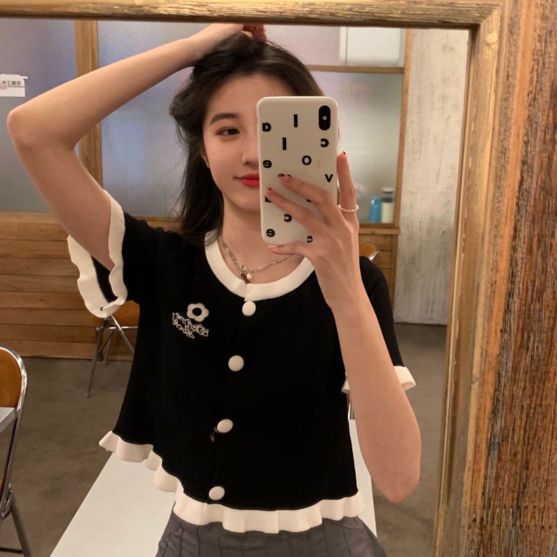 Jiashucheng Áo Thun Cardigan Mỏng Thêu Họa Tiết Màu Sắc Tương Phản Thời Trang Mùa Hè Cho Nữ