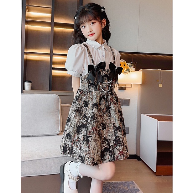 Bộ Áo Sơ Mi Phối Chân Váy Yếm Kiểu Hàn Quốc Thời Trang Mùa Hè Cho Bé Gái