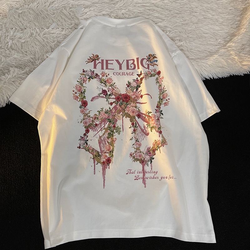 IELGY Áo Thun Ngắn Tay Dáng Rộng In Hoa Thắt Nơ Phong Cách retro Mỹ Cho Nữ