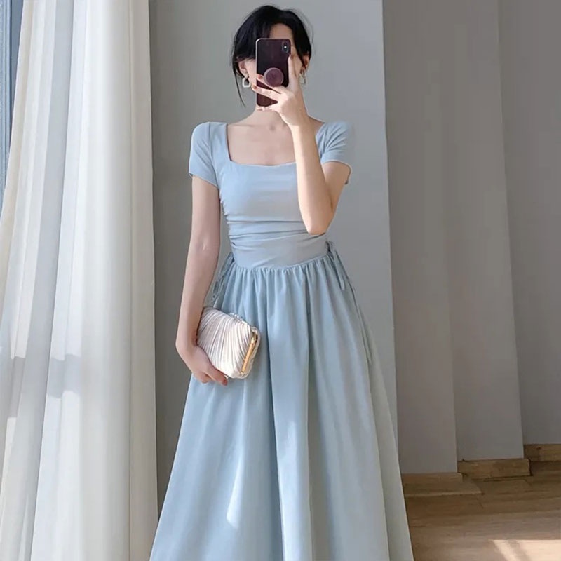 Đầm Midi Tay Ngắn Cổ Tròn Màu Sắc Đơn Giản Phong Cách Hàn Quốc Thời Trang Cho Nữ